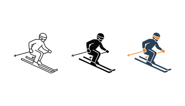 Set of three skiing athlete icons in line art solid black and colored styles representing winter sports and mountain recreation activity