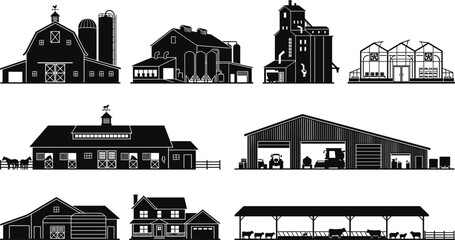 Set of agricultural farm building silhouettes featuring traditional barns grain silos horse stables machinery sheds and greenhouses © Mst Farida