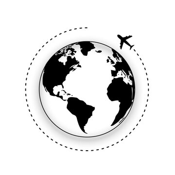 Black and white globe icon with airplane flight path for global travel design