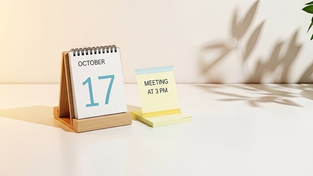 Calendar displaying october 17th with reminder for meeting at 3 pm sunlight