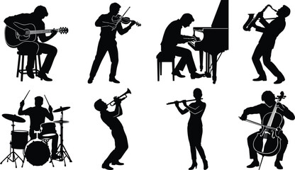 Set of professional musician silhouettes playing classical and jazz instruments including guitar violin piano saxophone drums and trumpet © Mst Farida