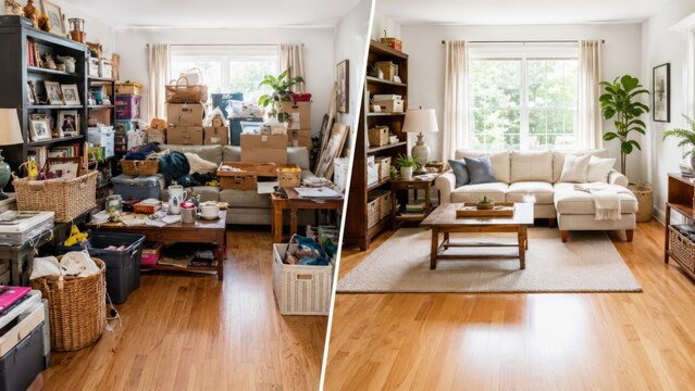 Cluttered living room and open calm space