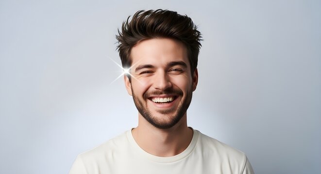 Young man with short brown hair and light beard smiling confidently while wearing a casual white t-shirt against a plain gray background.