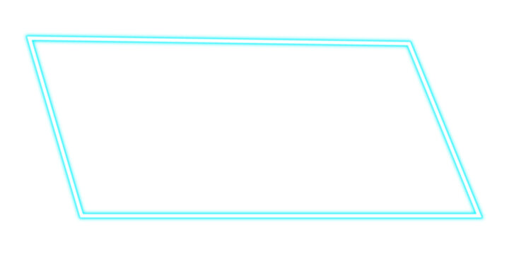 Bright cyan neon glowing parallelogram frame shape 