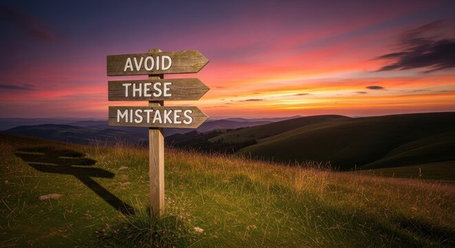 Wooden signpost with avoid these mistakes text in a sunset landscape