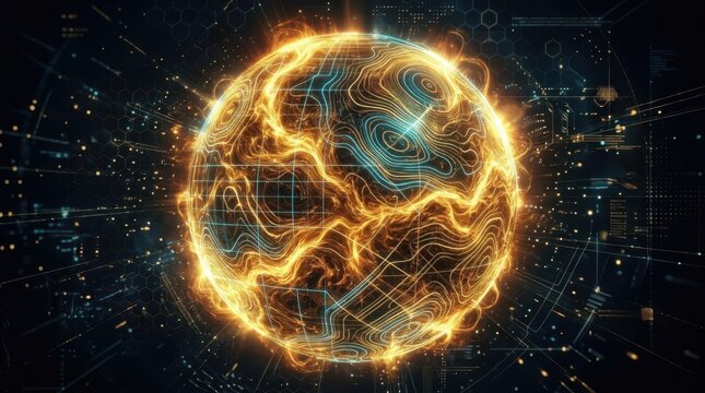 Golden swirling sun sphere texture with glowing topographic lines, abstract technology background design for backdrop wallpaper