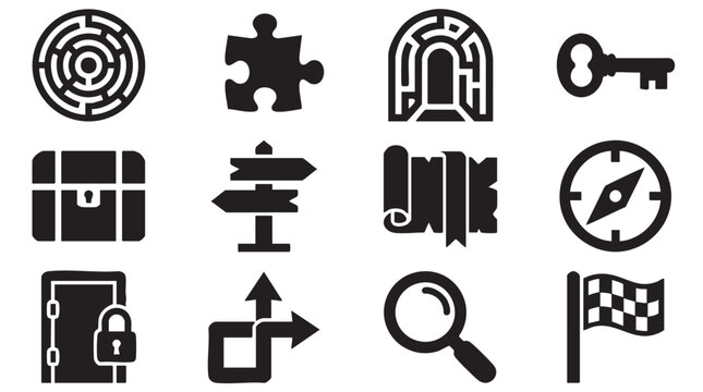 Navigation, puzzle, and security icons, 12 black vector symbols, navigation tools, puzzle pieces, security locks, checkered flag