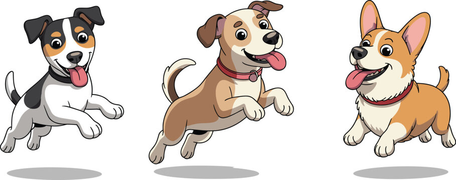 Cute cartoon puppy dog vector set featuring playful jack russell terrier corgi and hound characters jumping isolated on whi