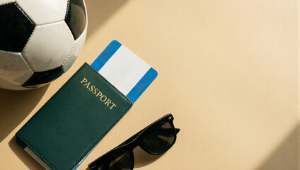 Travel essentials with passport, flight ticket and soccer ball on beach background