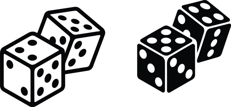 Black and white pair of dice vector illustrations showing outline and silhouette styles isolated on white background for board game design