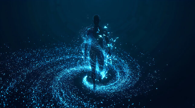 Human silhouette formed by glowing blue particles and geometric triangles walking forward in a digital galaxy representing human evolution and artificial intelligence integration