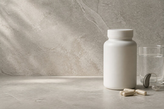A white bottle and some pills rest on a light-colored stone surface against a marbled background.