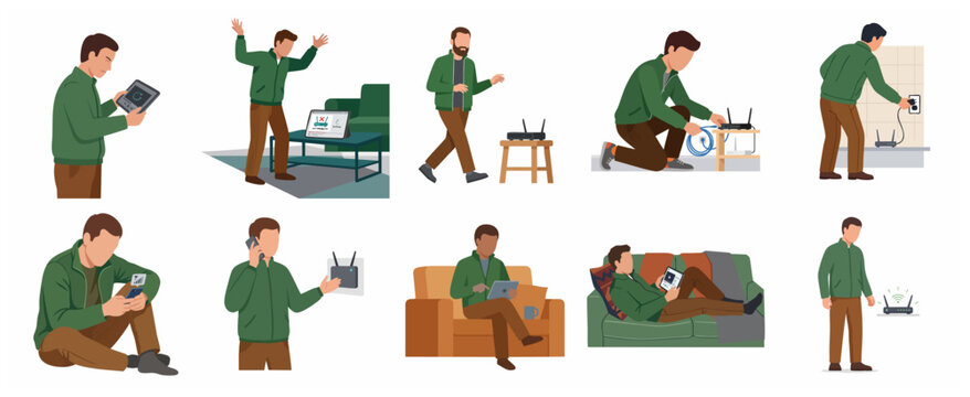 Man dealing with wifi router problems, slow internet connection and network setup illustration set