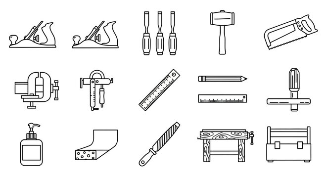 Woodworking Hand Tools Outline Icon Set