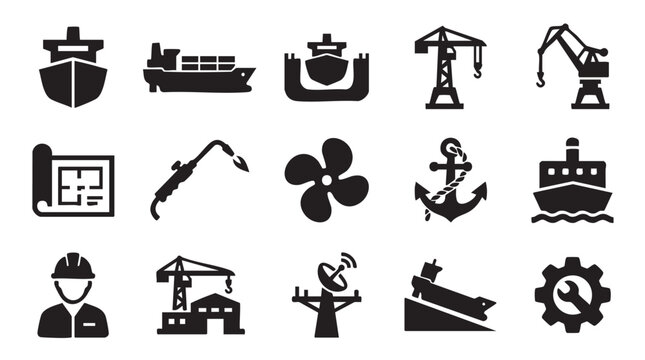 Industrial Shipping Icons, Nautical Symbols, Construction Equipment, Black Vector Icons Set