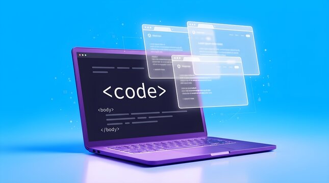 Laptop displaying HTML code on screen rests on a minimalist surface with a soft blue gradient background.