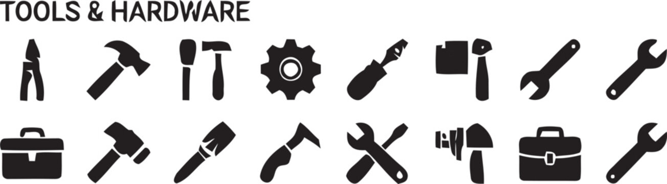 Tools and Hardware Icon Set with Black Silhouette Hammer, Wrench and Toolbox Symbols.