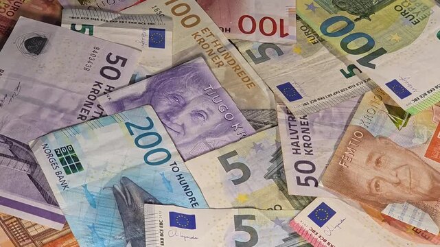 Northern European financial market with euro and Nordic currency banknotes
