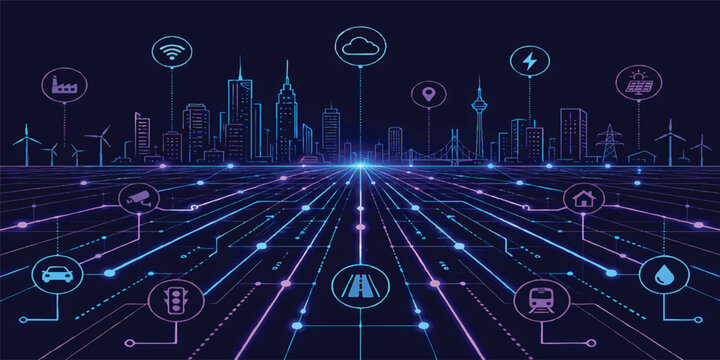 Smart City IoT Network Infrastructure with Connected Urban Technology, Digital Twin City and Intelligent Transportation System Background