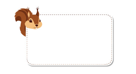 Fototapeta premium Cute brown squirrel head peeking from the corner of a white stitched paper card on a white background.
