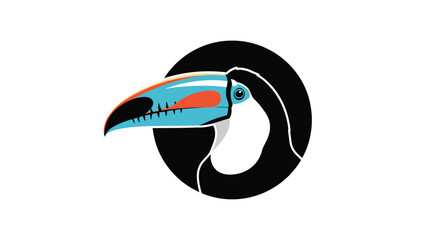 Fototapeta premium Colourful toucan bird head profile with a large blue and orange beak in a black circular frame background.