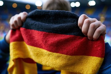 German football supporter holding black red gold scarf in stadium