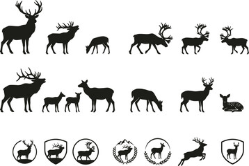 Fototapeta premium Black silhouettes of deer and elk, various poses and white background