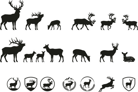 Black silhouettes of deer and elk, various poses and white background