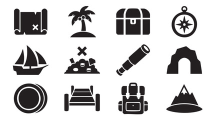 Treasure hunt icons, black silhouette symbols, navigation and travel graphics, 12 vector elements © MHK