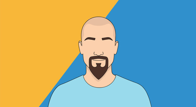 Portrait of a bald man with a stylish dark goatee beard, set against a modern yellow and blue geometric background.
