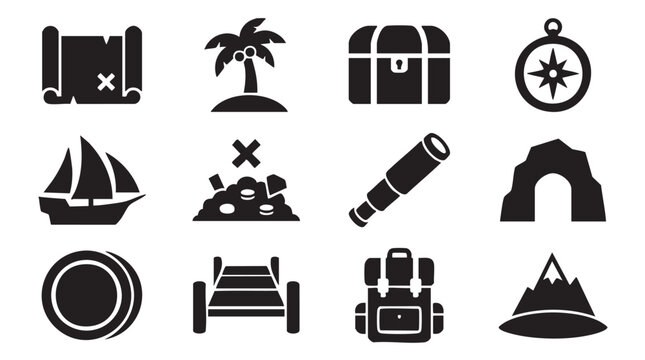 Treasure hunt icons, black silhouette symbols, navigation and travel graphics, 12 vector elements