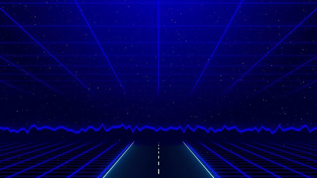 Abstract Digital Highway Journey Through A Dark Blue Cyber Space Environment.