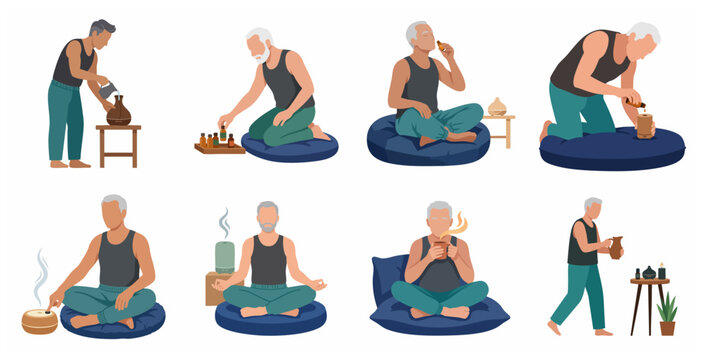 Set of senior man practicing aromatherapy with essential oils and diffusers for wellness and meditation