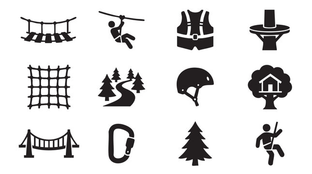 Adventure icons, outdoor activity symbols, hiking and climbing graphics, black silhouette set
