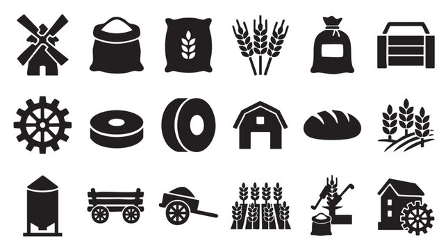 Farm icons, agriculture symbols, rural illustrations, 20 black vector graphics
