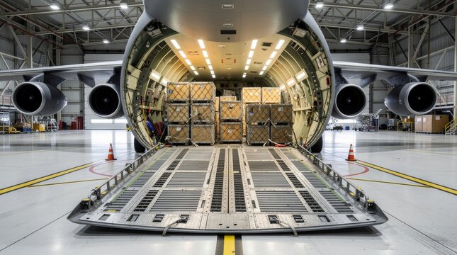 Giant cargo plane loading boxes inside airport hangar