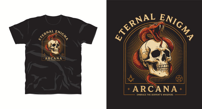 Eternal enigma arcana t-shirt design with skull and snake illustration and esoteric symbols.