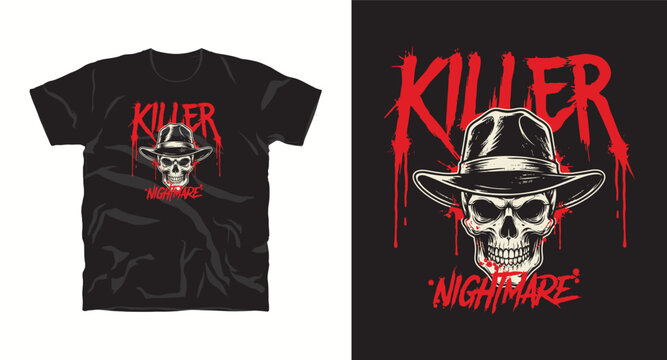 Killer nightmare cowboy skull with dripping blood typography for black streetwear t-shirt.
