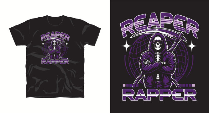 Reaper rapper skeleton character with scythe and globe background for black tshirt graphic design.
