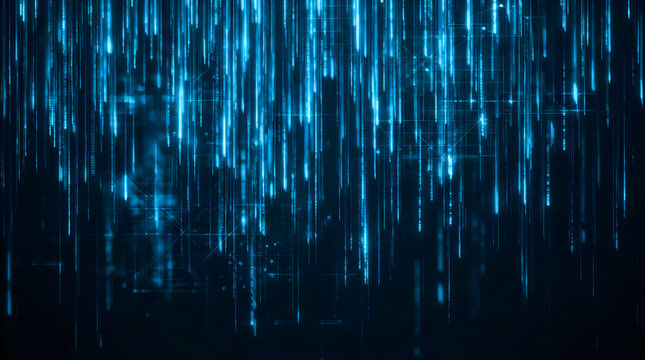 Abstract digital rain background featuring vertical streaks of glowing blue light representing binary code and massive data streaming in cyberspace environment