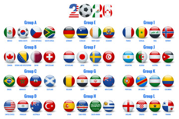 Obraz premium Isometric football tournament chart with all group sections, flag soccer balls and team names on a clean background. International draw concept for a 2026 championship, ranking and schedule overview
