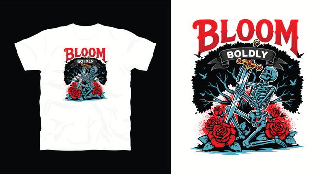 Vintage white tshirt design with skeleton praying and sword among red roses.