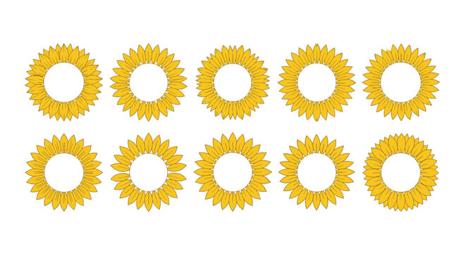 Beautiful set of ten bright yellow sunflower heads with empty centers, organized in two rows on white background.