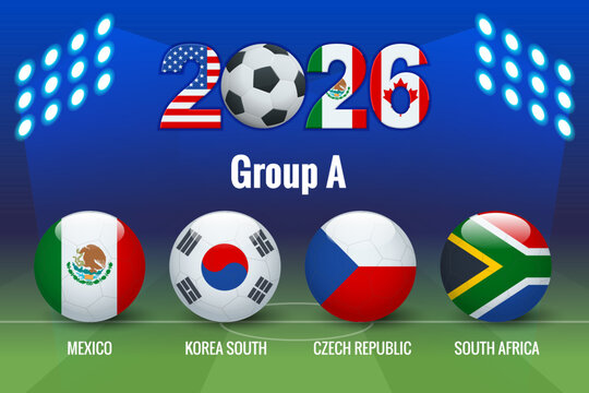 Isometric football tournament poster for Group A with national flag balls of Mexico, Korea South, Czech Republic and South Africa on a stadium field background, showing draw and team lineup