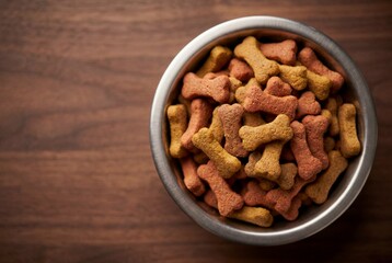 Fototapeta premium Premium Dry Dog Food in Metallic Bowl on Rustic Wooden Table