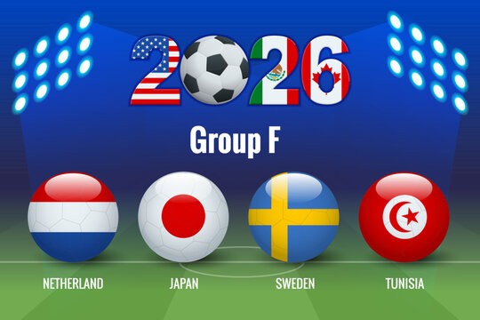 Isometric football tournament infographic with Group F team flag balls on a lit stadium field. International championship draw concept featuring Netherland, Japan, Sweden and Tunisia