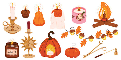 Cozy autumn lighting collection with candles, pumpkin lanterns, acorn garland, oil lamp, candle holders, warm glow decor and seasonal illumination elements. Fall hygge vector set. © m_matvi