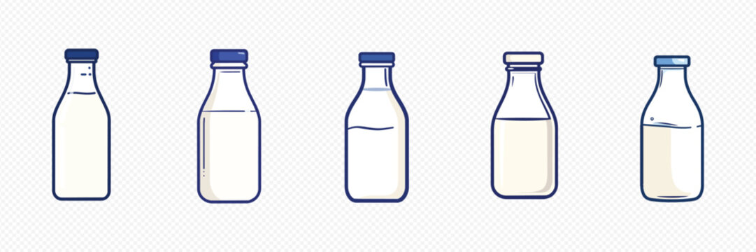 Set of five different milk bottles with blue caps on transparent background for food and drink design