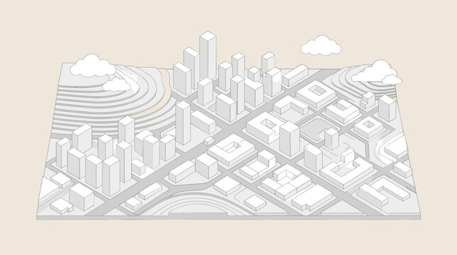 White city relief model with buildings, clouds and small vehicle on pale background, city, relief, white, buildings, vehicle,