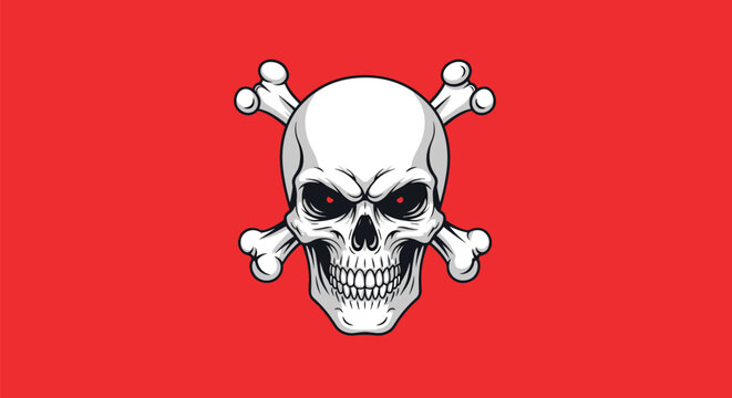 Angry human skull with glowing red eyes and crossbones on red background represents danger, pirate flag, warning, or death.